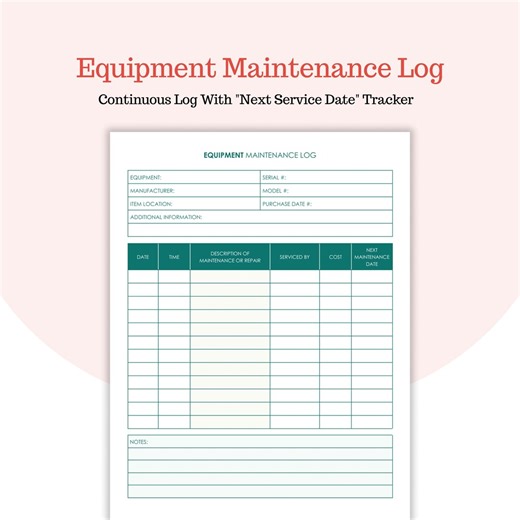 Equipment Maintenance Log - Next Maintenance Date Column - Repair Schedule - Google Docs and PDF - Etsy