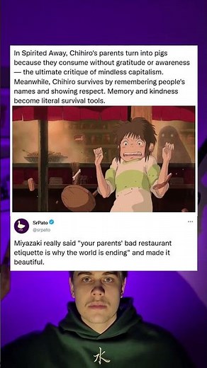 In Spirited Away, Chihiro's parents turn into pigs because they consume without gratitude