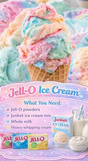 Jell-O Ice Cream the coolest sweet treat with a playful twist 📋 Ingredients ● Junket Ice Cream Mix (Very Vanilla) ● 1¼ cups whole milk ● ¾ cup heavy whipping cream ● ½ tablespoon powdered Jell-O (different flavors for each swirl) 📝 Instructions (With Ice Cream Maker) 1: Freeze First: Make sure your ice cream bowl is fully frozen and place 4 small glass bowls in the freezer for 30 minutes. 2: Mix the Base: Whisk together Junket mix, milk, and heavy cream until completely dissolved. 3: Churn: Po
