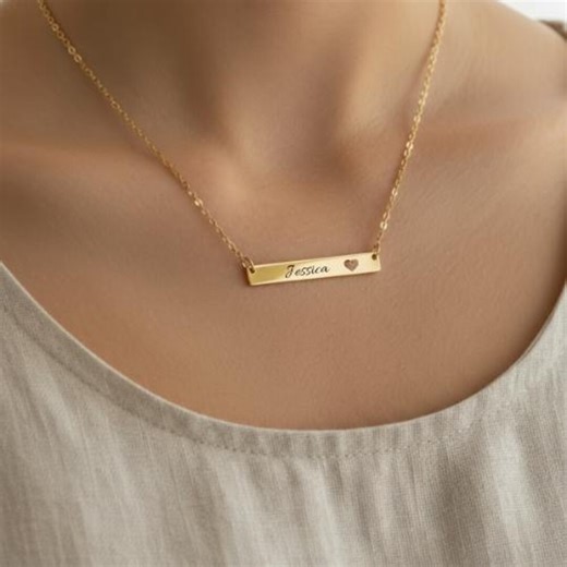 Personalized Bar Necklace With Cut Out Heart, Laser Engraved Pendant, Stacking Necklace - Etsy