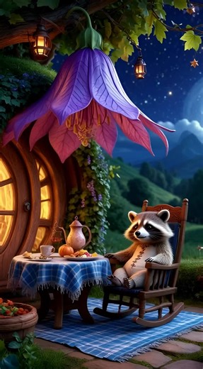 Midnight Tea in the Shire — from HitClub ​Step into a whimsical world of wonder. A charming raccoon sits at a tiny table under a giant glowing purple flower, enjoying tea outside a cozy hobbit-style home. A brilliant