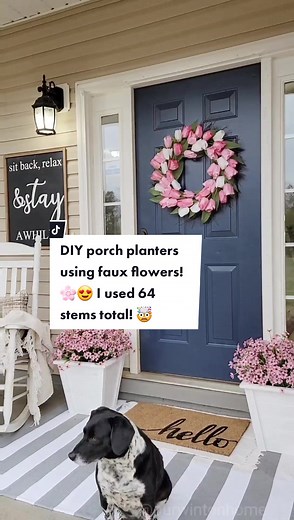DIY porch planters! All ready for spring!#whitefarmhouse #porchdecor #frontporchdecor #springporch #springdecor #walmarthome #walmarthomedecor