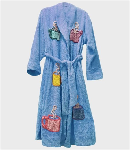 Handmade Sky Blue Cotton Terry Bathrobe | Soft Spa Dressing Gown With Colorful Mug Embroidery - Etsy