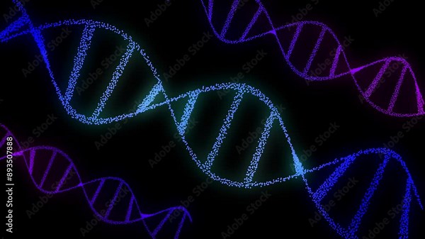 Dna strands assembled from many particles elements, Dna molecule background with copy space for scientific project and biotechnology infographic. Seamless loop animation with dna helix