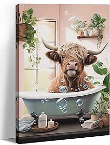 Bathroom Canvas Wall Art Highland Cow in Bathtub Pictures Prints Wall Decor Rustic Farmhouse Animal Painting Framed Artwork for Modern Home Decor Framed(Art-6,16.00"x24.00")
