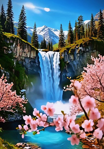 Turquoise Mountain Waterfalls & Cherry Blossom River
