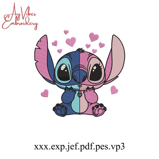 Cute Alien Couple Heart Embroidery Design, Blue & Pink Cartoon Lovers, Kawaii Love Heart Pattern, Valentine Embroidery, Couple Design