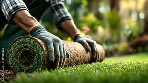Gardener Laying Turf: A gardener meticulously lays a roll of fresh turf on a bed of vibrant green grass, showcasing the process of creating a lush lawn with careful precision.