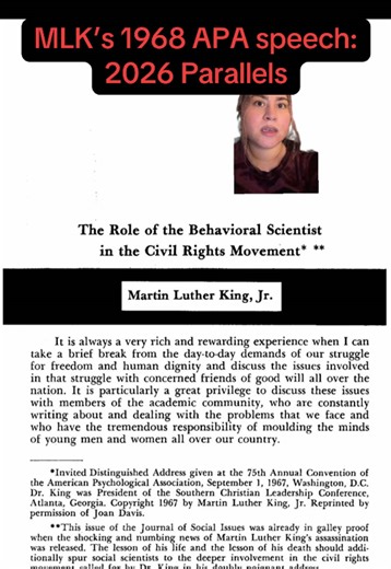 In 1968, Martin Luther King Jr. was invited to speak to psychologists at the American Psychological Association in Washington DC. As a psychologist myself, I am firm in the belief that psychology is inherently political and we have a duty to speak out against human right atrocities and political violence. Let me know your thoughts 💡 #humanrights #psychology #socialjustice #politics #racism