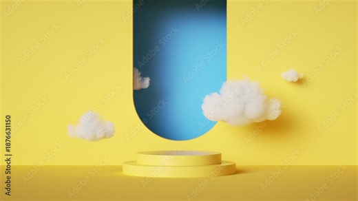 minimalist geometric animated 3d background. White clouds levitate above the empty pedestal inside the yellow room, blue triangular portal in the wall. Simple showcase