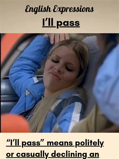 Learn the everyday English phrase “I’ll pass”! This short expression is super common in daily conversations and means politely or casually saying “no” to an offer or invitation. Watch to master it and sound more natural in English! • \tFrançais (French): Je vais passer → façon courante de dire « non merci » ou « je ne suis pas intéressé ». • \tРусский (Russian): Я пас → разговорное «нет, спасибо» или «я не хочу». • \tالعربية (Arabic): رح أتركها أو بمرّ → تعبير يومي يعني «لا، شكراً» أو «مش مهتم».