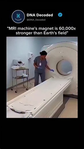DNA_Decoded on Instagram: "🧲🤯 MRI machine’s magnet is 60,000× stronger than Earth’s magnetic field! This machine doesn’t just “scan” you… it uses a super-powerful magnet 💥 So powerful that even small metal objects can fly like missiles — that’s why NO metal is allowed inside MRI rooms 😳 🧠 Why MRI needs so much power • The magnet aligns hydrogen atoms in your body • Radio waves push them out of position • When they relax, they release signals • Computers turn those signals into ultra-detaile