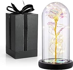 Glass Rose Flower Gift, Galaxy Forever Rose in Glass Dome, Enchanted Infinity Rose with Led Light, Unique Gifts for Mom Wife Her Women Birthday Anniversary Valentine's Day Christmas Mother's Day