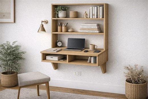 Floating Desk Plans – Wall Mounted Desk With Bookshelf, Space Saving Office DIY PDF - Etsy