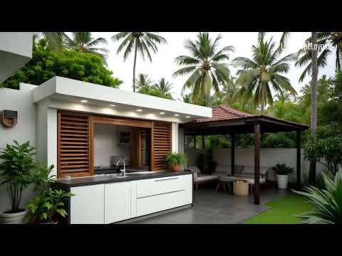 A modern outdoor kitchen set against a lush tropical backdrop