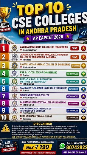 Top 10 CSE Colleges in AP 2026 Best Engineering Colleges |AP EAPCET 2026 Counselling | CSE Rankings
