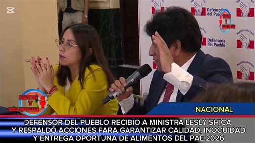 DEFENSOR DEL PUEBLO RECIBIÓ A MINISTRA LESLY SHICA Y RESPALDÓ ACCIONES PARA GARANTIZAR CALIDAD, INOCUIDAD Y ENTREGA OPORTUNA DE ALIMENTOS DEL PROGRAMA DE ALIMENTACIÓN ESCOLAR 2026 Josué Gutiérrez anunció la creación del Comité de Supervisión en apoyo al PAE, para acompañar y fortalecer los procesos servicio alimentario escolar. El Ministerio de Desarrollo e Inclusión Social (Midis) y la Defensoría del Pueblo articularon acciones que se plasmaron en la conformación de un Comité Especial de Superv
