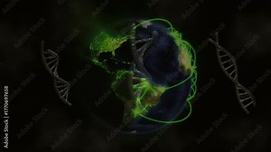 Digital Earth appearing starting rotating clockwise and DNA helices orbiting showing network growth