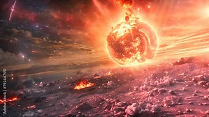 A fiery explosion in space with a large sun in the middle. The sun is surrounded by a cloud of debris and the sky is filled with stars. Scene is intense and dramatic, as the explosion is powerful