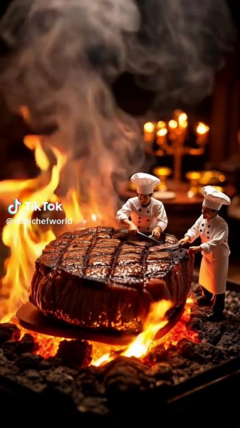 🔥 Tiny chefs, massive steak! Cooking at full flame for royal taste 🥩 #MiniWorld #AIcooking #TinyChefs #SteakLovers #KlingAI
