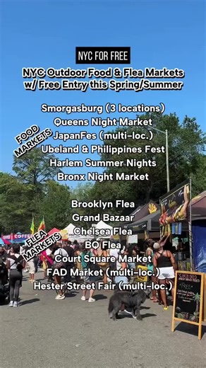 NYC Outdoor Food & Flea Markets w/ Free Entry this Spring/Summer 🎉 So many markets now that it’s Spring! All have free entry and at some you can find performances, sampling/freebies and more. Stay tuned for more announcements. Which ones will you check out this year? - smorgasburg (WTC: Thursdays & Fridays, Williamsburg: Saturdays, Prospect Park: Sundays) - QueensNightMarket (every Saturday night starting 4/18, free entry starting in May) - JapanFes (various dates/locations) - PhilippinesFest U