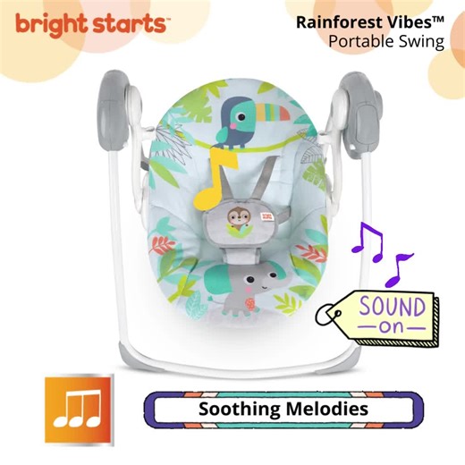The Rainforest Vibes Portable Swing from BRIGHT STARTS is the wildest place to sway and play. Rock baby to comfort with 6 back-and-forth speeds while a leaf toy canopy entertains from above! The compact design is small on size but big on features like automatic swinging. It has a nearly silent 👉 WhisperQuiet™ technology motor. And with 👉 Weight-Sensing technology, your infant’s favorite speed stays consistent even as he gets bigger and heavier. The foldable design makes it easy to bring rainfo