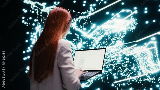 Optimizing neural network, augmented reality tech and software developer using tablet to look at neurons map. fine tuning AI model synaptic weights, touchscreen device and female technician, camera B