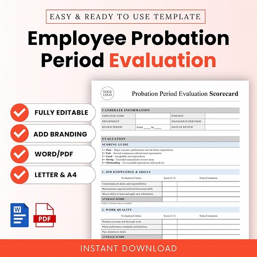 Employee Probation Period Evaluation Scorecard Template (word, PDF) | Employee Performance Review Template, Probation Period Review - Etsy