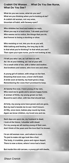 Crabbit Old Woman...What Do You See Nurse, What Do You See? - Crabbit Old Woman...What Do You See Nurse, What Do You See? Poem by Shaun Cronick