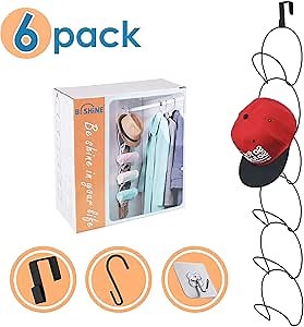 B. SHINE Cap Rack Hat Organizer – 6 Rings Hanging Caps Organizer, Hats Scarfs Rack, Multifunctional Door/Wall/Closet Mounted Racks, Black