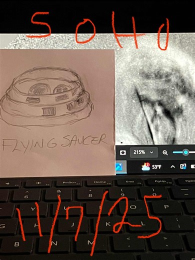 A Big flying saucer right next to the Sun during massive solar flare...November 7, 2025 14:36 SOHO LASCO C2 Combo | Gina Maria Colvin Hill