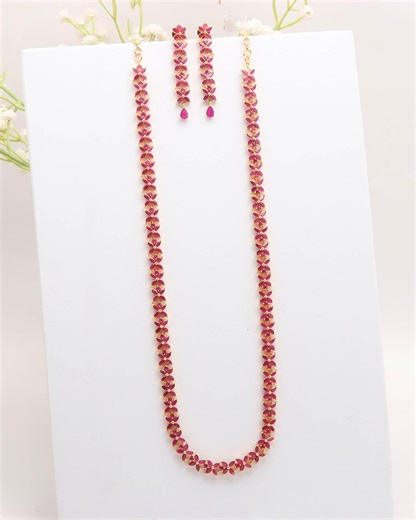 Ruby Long Necklace Set, 22K Gold Plated | Haram Style Indian Jewelry - Etsy