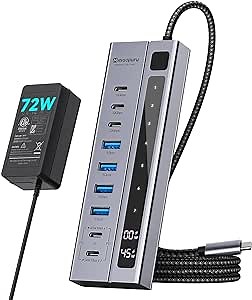 Minisopuru Powered USB C Hub – Support Max 45W Charging with 72W Power Adapter, 10Gbps Data Transfer, USB-C Powered Hub for Laptop, MacBook,iPad (Not for Monitor)