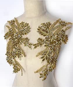 Hand-Made Beaded Rhinestons DIY Clothing Appliques Patch,Beaded Applique for Wedding Dress Decoration,Rose Gold/Pink/Silver/Red/Black Flower Applique by Pair (Gold-B)