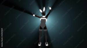 Beautiful bunny girl stretching in front of volumetric light on black background with dust particles. 3D character animation.