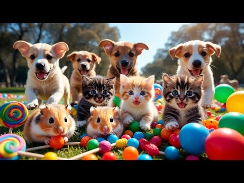 Hamsters, kittens, and puppies playing joyfully together in a sunny park