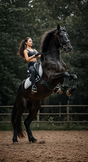 Asian Girl Rearing on Frisian Horse