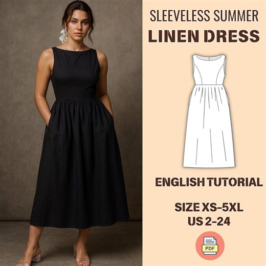 Linen Dress Sewing Pattern PDF – Pockets Sleeveless Summer Midi, Sizes XS to 5XL, Easy Beginner Tutorial - Etsy