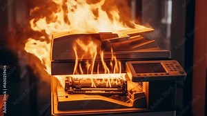 Office Printer Fire - A video of an office printer engulfed in flames. The fire is intense and appears to be damaging the internal components of the machine.