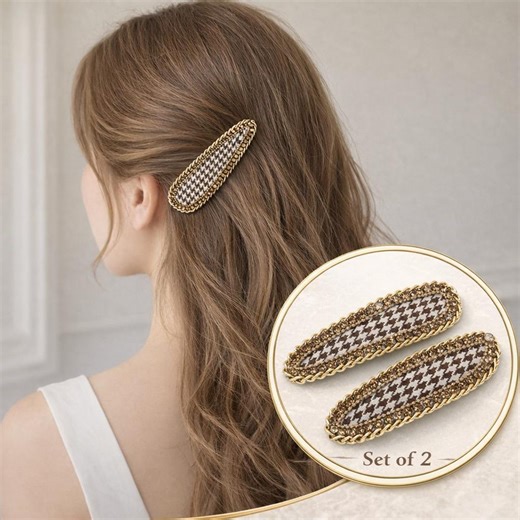 Houndstooth Crystal Hair Barrette Set, Gold Chain BB Clip, Vintage French Style Accessory - Etsy