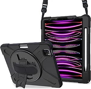 ProCase for iPad Pro 12.9 Inch Case 2022 2021 2020 2018, Rugged Heavy Duty Shockproof Cover with Hand Strap Shoulder Strap for iPad Pro 12.9" 6th 5th 4th 3rd Generation –Black