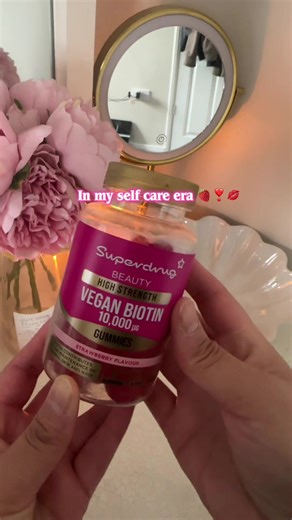 In my self care era 🍓❤️💋 I am absolutely loving these vegan biotin gummies! They taste amazing, seriously like a treat, and remind me of sweets, I’ve had to stop myself from taking more than two a day, they taste that good! I've noticed a real difference in my skin and nails since I started taking them – they feel stronger and look healthier, my skin hasn’t broken out and usually when I’m due my period, I get a little breakout, however, it seems like taking these gummies has helped with that. 