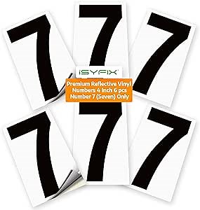 iSYFIX Black Vinyl Number 7 (Seven) Stickers - 6 Pack 4 inch - Premium Decal, Reflective Background, Pre-Spaced for Mailbox, Signs, Window, Door, Cars, Truck, Home, Business, Address, Indoor & Outdoor