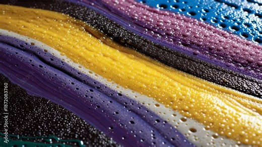 Watch the process of mixing colored liquids to form distinct layers with bubbles on a flat surface. Each frame shows a different stage of the mixing process and bubble formation