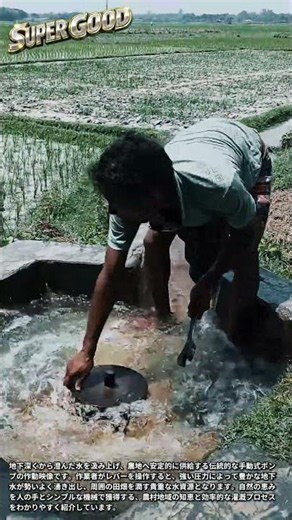 農村地域における水資源確保のための手動式ポンプ作動と給水 #worker #process #irrigation #village #machinery