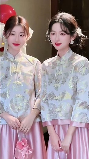 Oriental Wedding Chinese Style Floral Brocade Pink Satin Bridesmaid Outfit