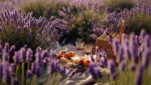 Romantic picnic in a lavender field with cheese, fruits, and wine glasses