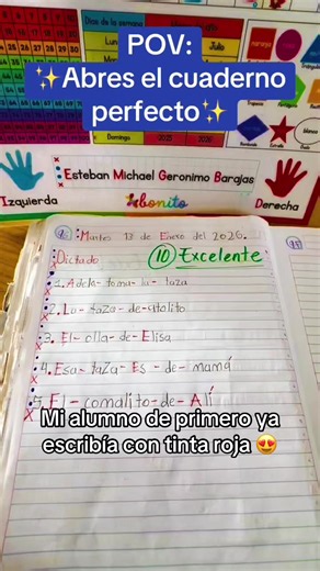 Cuaderno bonito por alumno de primer grado: trabajos con nombre y fecha