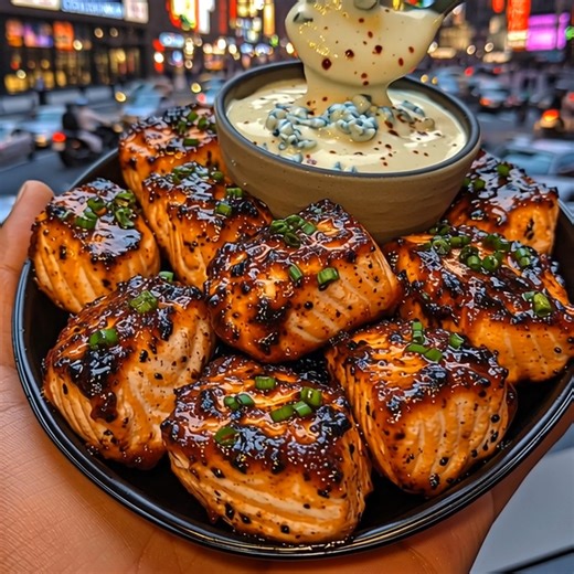 Spicy BBQ Salmon Bites with Creamy Blue Cheese Dip (Full recipe in 💬) | Lora Chef