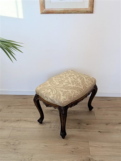 Vintage French Style Upholstered Footstool – Carved Wooden Stool – Damask Fabric Ottoman – Classic Accent Furniture - Etsy